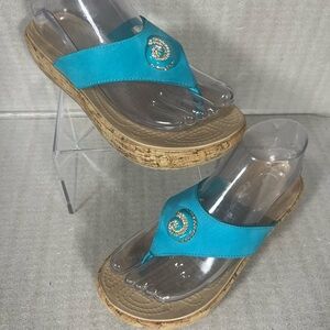 Crocs A-Leigh Turquoise Cork Wedge Thong Sandals Women's Size 7